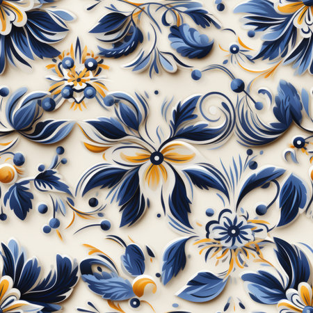 Traditional blue and yellow floral design Sicilian seamless pattern tile created with generative AI technologyの素材