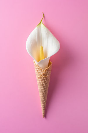 Delicate white calla lily blooms exquisitely from an ice cream cone, offering a refreshing touch of nature against a pastel pink background.の素材