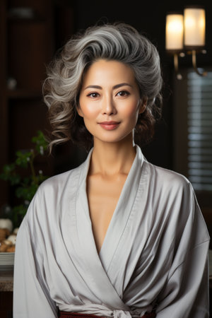 Mature Asian woman with grey hair and a robe created with generative AI technologyの素材