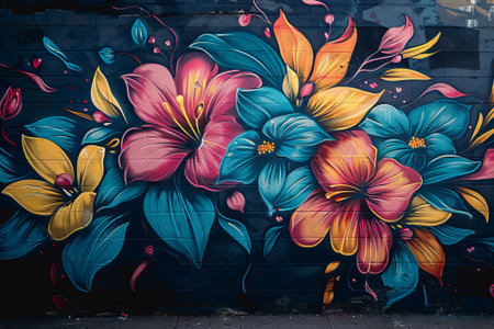 Mural showcases large, colorful flowers in blue, yellow, and pink, creatively painted in a graffiti style against a dark urban backdropの素材