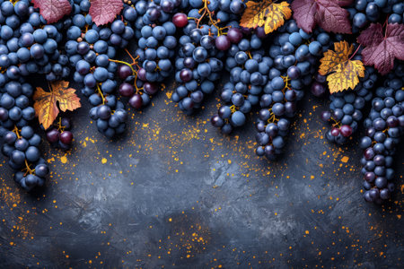 Enchanting display of natures bounty, a vibrant bunch of grapes lays gracefully on a sleek black surface. created with generative AI technologyの素材