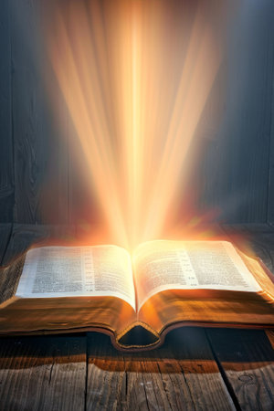Glowing light emanates from an open Bible set on a rustic wooden table, symbolizing spiritual enlightenment and divine presenceの素材