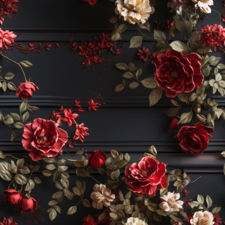 Dark Victorian red flowers on the wall seamless pattern tile, created with generative AIの素材