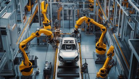 Robotic arms diligently work along the assembly line, crafting vehicles in a modern automotive manufacturing facility.の素材