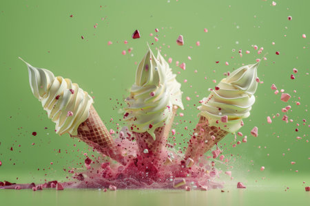 Three matcha ice cream cones topple amidst a vibrant burst of pink sprinkles against a fresh green backdrop.の素材
