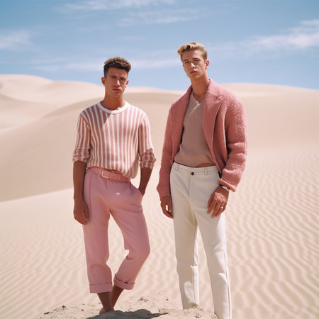 Fashionable people standing in the desert created with a generative AI technologyの素材