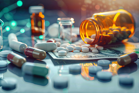 Pharmaceuticals and money intertwine as colorful pills spill on dollar bills under soft lighting, hinting at the complex healthcare economics.の素材