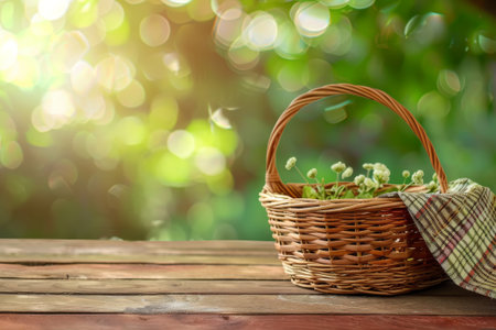 A wicker basket on a wood table with a checked cloth overlay, set against a soft green garden backdrop, waiting to be filled.の素材