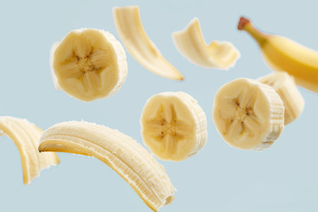 A cascade of banana slices appears weightless against a clean backdrop, capturing a moment of culinary levity.の素材