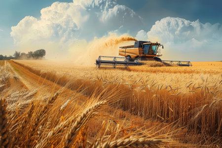 Huge combine harvester glides through a golden wheat field, collecting ripe crops and storing the grain under the sunny skyの素材
