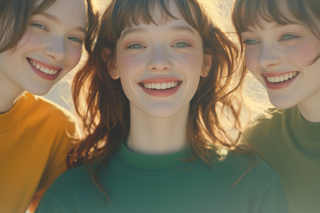Trio of friends basks in a moment of unadulterated joy, their laughter radiating contagious happinessの素材