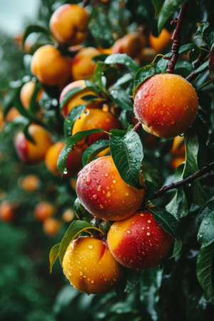 Dew covered nectarines bask in the soft morning glow, fresh and ripe, ready for harvest in a tranquil orchard created with generative AI technologyの素材