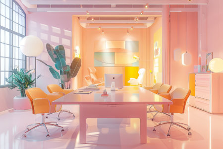 Pastel-colored office with minimalist design infused with soft evening light.の素材