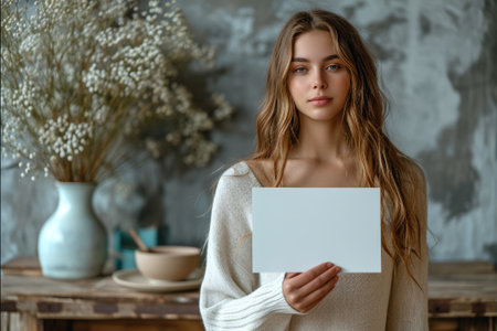 A young woman stands gracefully in a rustic room, her calm gaze captivating the viewer as she holds a blank sign, inviting endless possibilities.の素材