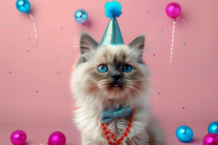 A fluffy Ragdoll kitten sits adorned with a colorful party hat, pink bowtie, and beaded necklace against a whimsical pastel pink backdrop.の素材