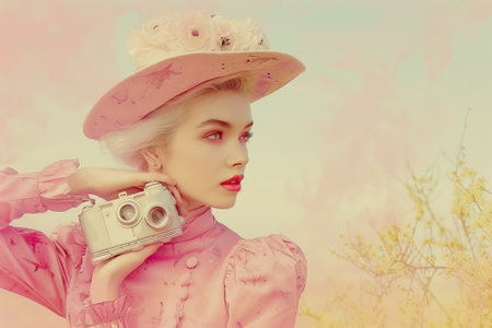 Woman evokes a bygone era, donning a pink vintage costume and a straw hat, camera in hand against a soft backdropの素材