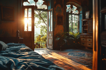 Early morning light gently filters through the rustic windows, casting a golden glow over the vintage furnishings created with generative AI technologyの素材
