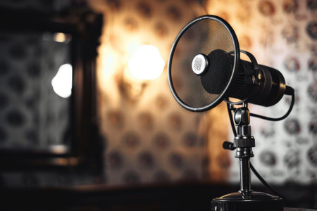 Vintage microphone, positioned on a stand, sits in a cozy podcast studio, ready to capture the stories and voices of the guestsの素材