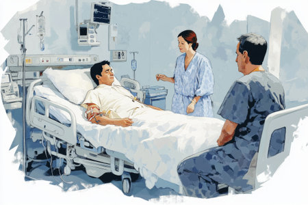 A family member offers support to a patient in recovery, surrounded by medical equipment in a bright hospital room.の素材