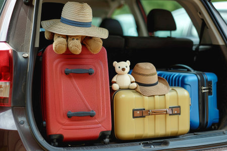 A teddy bear, suitcases, and a straw hat ready for adventure in a cars trunk.の素材