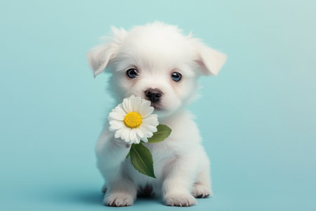 This adorable puppy sits gently gripping a flower, showcasing pure innocence and joy in a whimsical pastel world.の素材