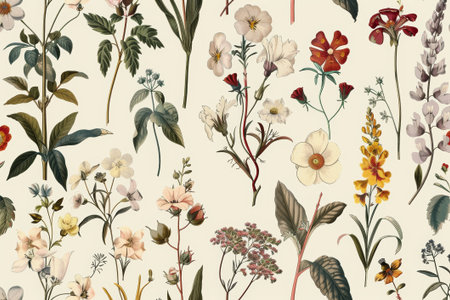 A seamless pattern showcasing an array of vintage botanical illustrations with flowers and leaves in warm, muted hues, exuding a charming, timeless elegance.の素材