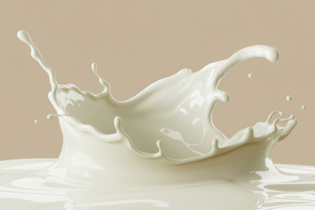 A dramatic splash of milk forms a crown shape against a soft light background. The motion captures the essence of fluid dynamics suspended in time.の素材
