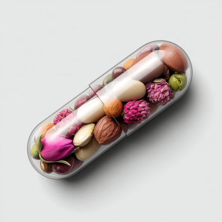 A vibrant assortment of fruits, nuts, and flowers fills a transparent capsule, beautifully showcasing nature's bounty in soft tones.の素材