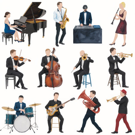 Talented musicians share a vibrant stage, playing a variety of instruments, creating an atmosphere of joy and energy at a live performance.の素材