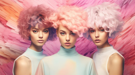Three modern futuristic short hair young women on the pastel background, created with generative AIの素材