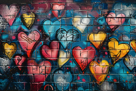 A colorful array of hearts painted in graffiti style decorates an urban brick wall, blending hues of red, orange, pink, and blue, symbolizing love and unity.の素材