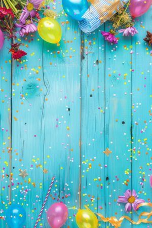 A vibrant assortment of honeycomb paper balls, balloons, gold party hats, and confetti frame a blue wooden table, creating a festive celebration atmosphere.の素材