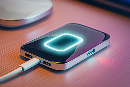 A close-up image showcasing a small, rectangular USB-powered device with a glowing light emanating from its edges. The device is positioned on a wooden surface, highlighting its technological elegance.の素材