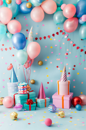 A room filled with colorful balloons, streamers, and polka-dotted presents, ready for a cheerful birthday celebration. Party hats add a playful touch to the scene.の素材