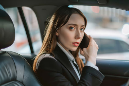 A focused businesswoman is engrossed in a phone conversation while seated in her vehicle.の素材
