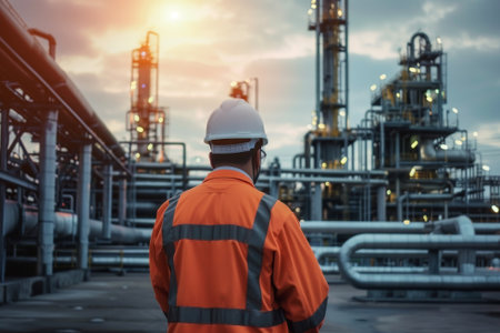Engineer in an orange jacket and hard hat inspects an oil refinerys pipeline and pipe rack in an industrial zone.の素材