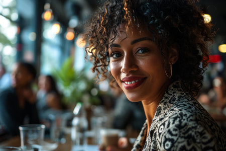 Beautiful African American woman looking at camera created with generative AI technologyの素材