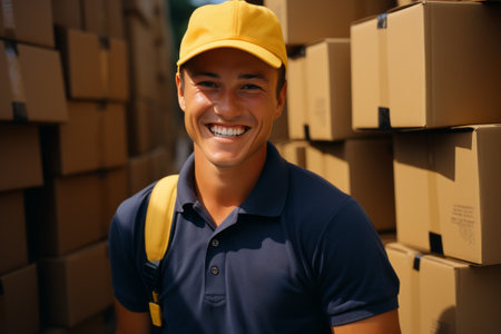Young delivery man smiling at camera in the warehouse created with generative AI technologyの素材