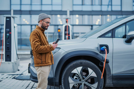 A man in a brown jacket and beanie stands by his electric vehicle, which is plugged into a charging station. He checks his phone while waiting for his car to charge.の素材