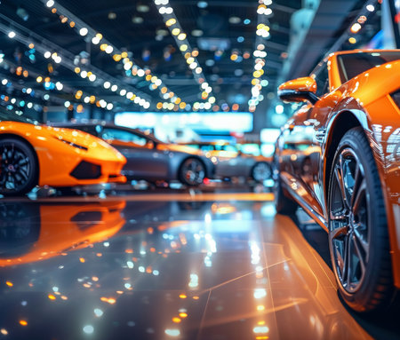 Stunning yellow sports car is showcased in a high-end showroom, with elegant lighting creating a beautiful bokeh effect.の素材
