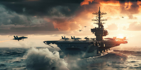 Fighter jets soar from an aircraft carrier amid warzone chaos, while smoke billows and the sea churns ominously.の素材