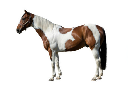 American paint horse poses in a studio with a stunning coat of brown and white markings. Its strong stance and calm demeanor highlight its elegance and strength.の素材