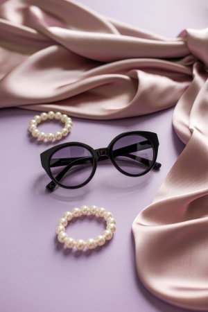 A collection of stylish sunglasses and pearl earrings rests on soft, flowing silk fabric in a lovely lavender hue. The elegant accessories add a touch of glamour to the scene.の素材
