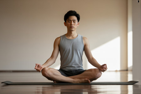 A young Japanese man sits cross-legged on a yoga mat, practicing meditation with focused eyes. He is in a calm, well-lit indoor environment, emphasizing peace and mindfulness.の素材