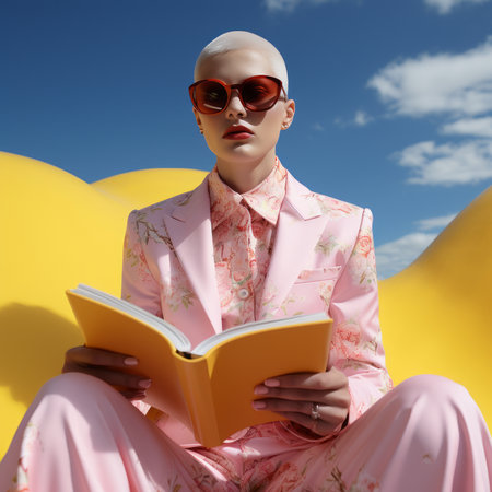 Portrait of a young pretty woman with sunglasses, sitting outdoor, reading book and  enjoying her vacation on sunny day, created with generative AIの素材