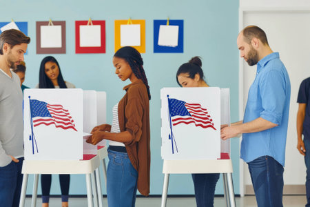 Residents patiently stand in line to cast their votes at a polling station adorned with American flags.の素材