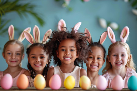 A group of cheerful kids with bunny ears celebrate Easter, smiles abound in front of a row of colorful eggs.の素材
