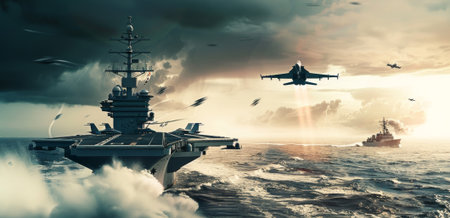Fighter jets soar from an aircraft carrier amid warzone chaos, while smoke billows and the sea churns ominously.の素材