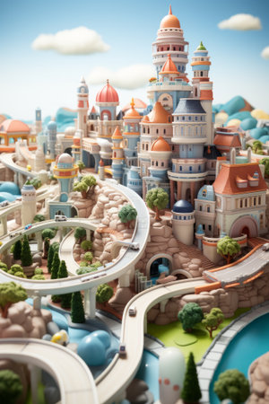 Miniature city cartoon style illustration, created with generative AIの素材