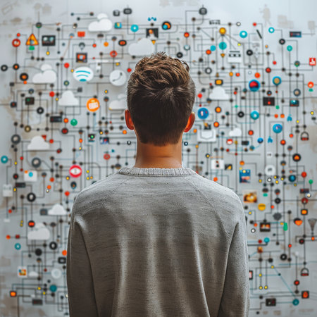 A man interacts with a vibrant, digital interface, surrounded by the glow of city lights on a brisk evening.の素材